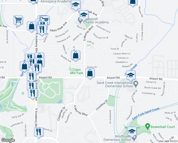 map of restaurants, bars, coffee shops, grocery stores, and more near in Colorado Springs