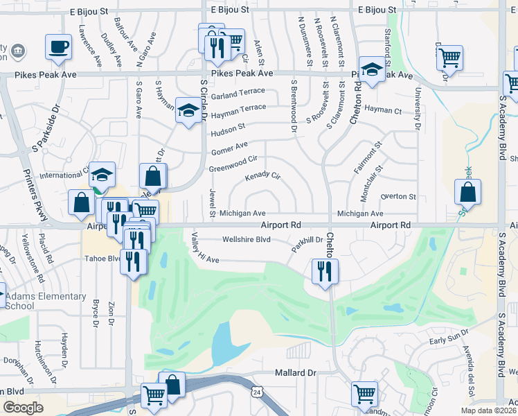 map of restaurants, bars, coffee shops, grocery stores, and more near 3226 Michigan Avenue in Colorado Springs