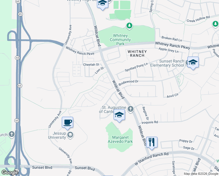 map of restaurants, bars, coffee shops, grocery stores, and more near 1386 Larkspur Drive in Rocklin