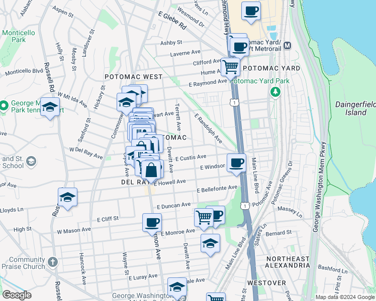 map of restaurants, bars, coffee shops, grocery stores, and more near 101 Independence Avenue Southeast in Washington