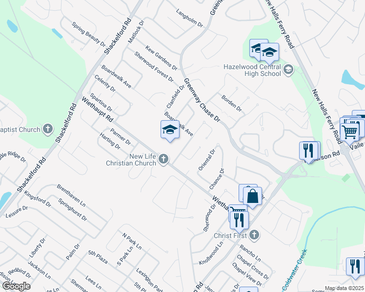 map of restaurants, bars, coffee shops, grocery stores, and more near 2825 Dividend Park Drive in Florissant