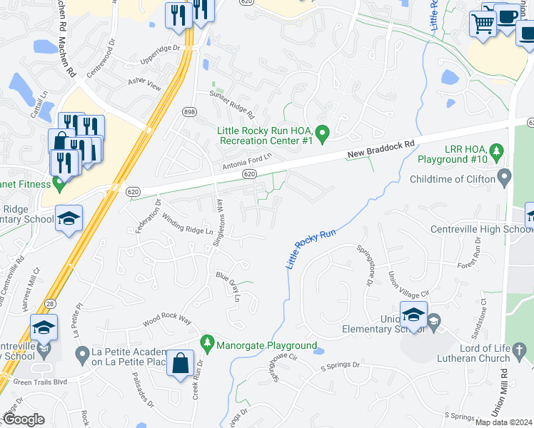 map of restaurants, bars, coffee shops, grocery stores, and more near 13991 Gunners Place in Centreville