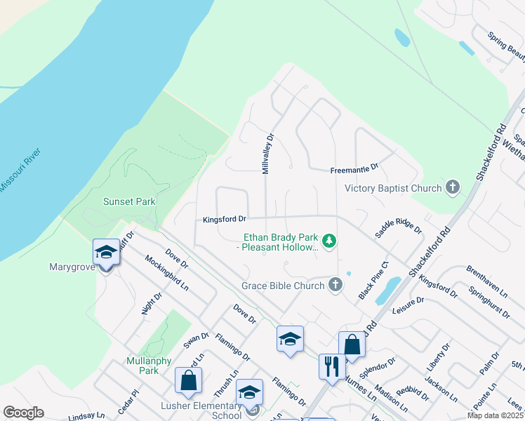 map of restaurants, bars, coffee shops, grocery stores, and more near 2317 Millvalley Drive in Florissant