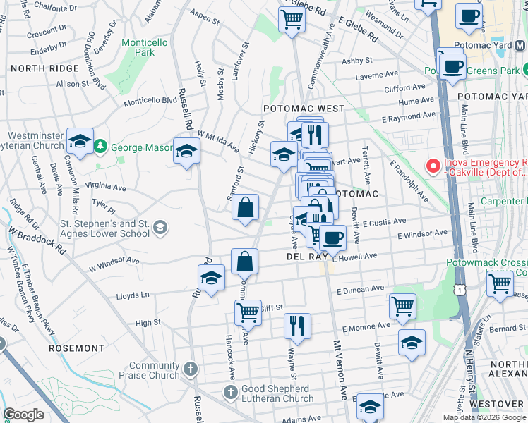 map of restaurants, bars, coffee shops, grocery stores, and more near 2306 Commonwealth Avenue in Alexandria