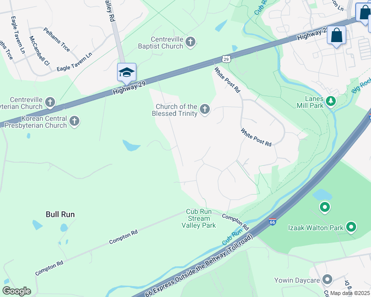 map of restaurants, bars, coffee shops, grocery stores, and more near 6727 Cedar Spring Road in Centreville