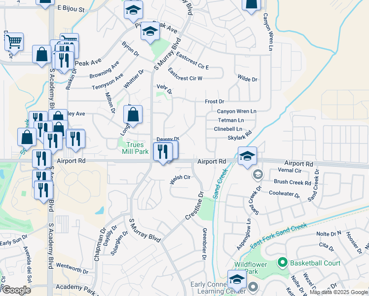 map of restaurants, bars, coffee shops, grocery stores, and more near 340 Gahart Drive in Colorado Springs