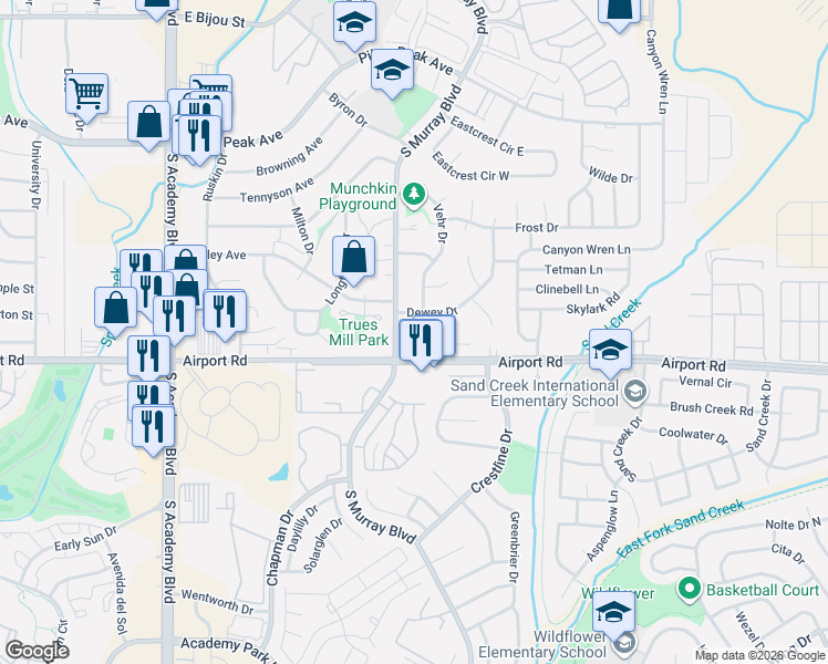 map of restaurants, bars, coffee shops, grocery stores, and more near 330 Vehr Drive in Colorado Springs
