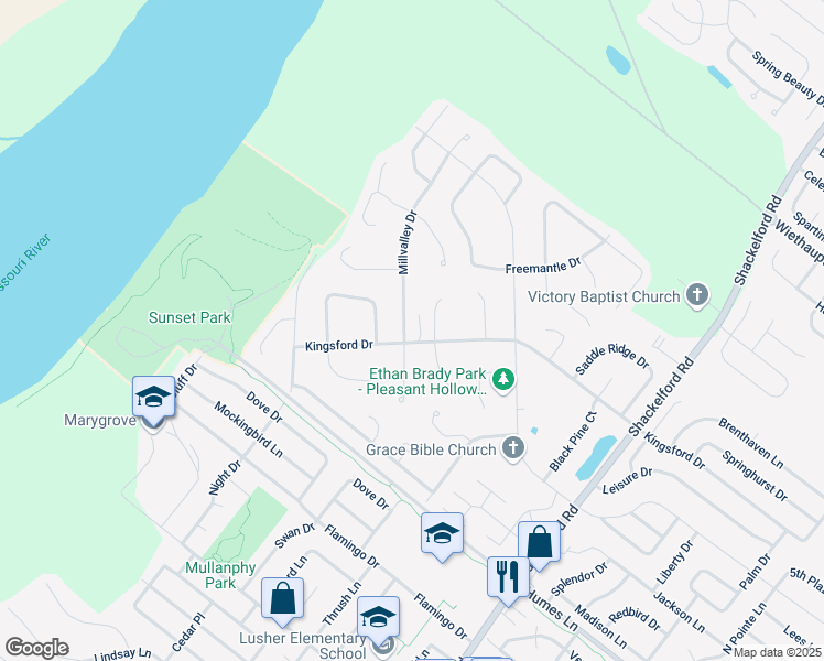 map of restaurants, bars, coffee shops, grocery stores, and more near 2316 Millvalley Drive in Florissant