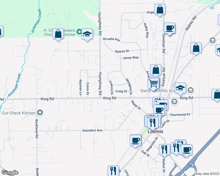map of restaurants, bars, coffee shops, grocery stores, and more near 3468 Francis Drive in Loomis
