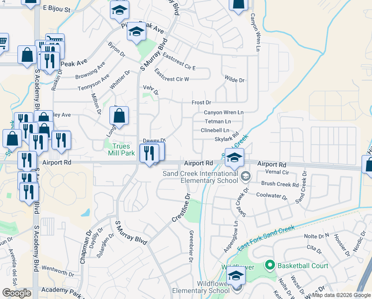 map of restaurants, bars, coffee shops, grocery stores, and more near 333 Bonnie Court in Colorado Springs