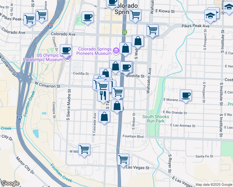 map of restaurants, bars, coffee shops, grocery stores, and more near 512 South Nevada Avenue in Colorado Springs