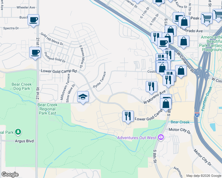 map of restaurants, bars, coffee shops, grocery stores, and more near Crown Hill Mesa Drive in Colorado Springs