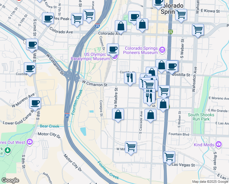map of restaurants, bars, coffee shops, grocery stores, and more near 514 South Sierra Madre Street in Colorado Springs