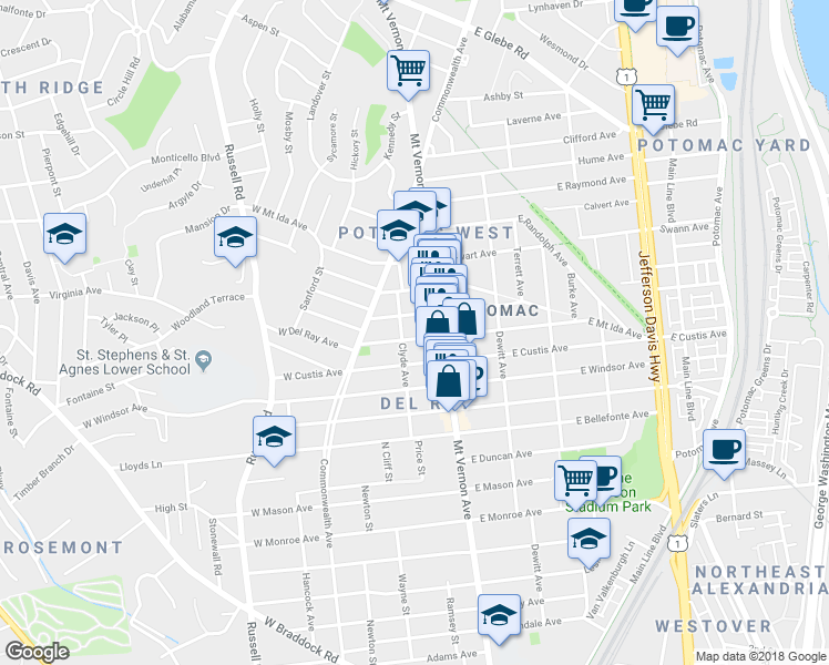 map of restaurants, bars, coffee shops, grocery stores, and more near 104 East Del Ray Avenue in Alexandria
