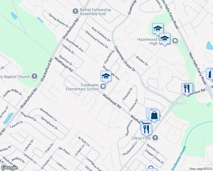 map of restaurants, bars, coffee shops, grocery stores, and more near 1105 Wiethaupt Road in Florissant