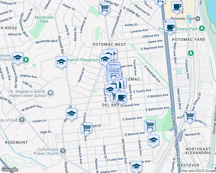map of restaurants, bars, coffee shops, grocery stores, and more near 104 East Del Ray Avenue in Alexandria