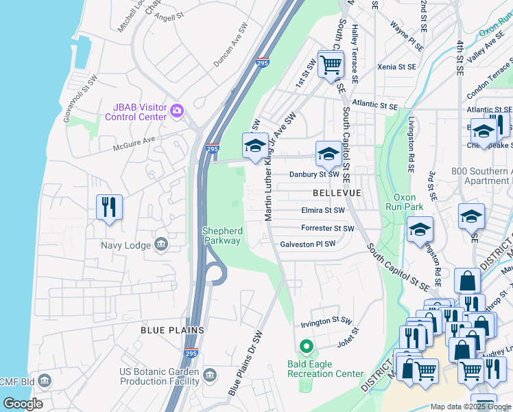 map of restaurants, bars, coffee shops, grocery stores, and more near 205 Elmira Street Southwest in Washington