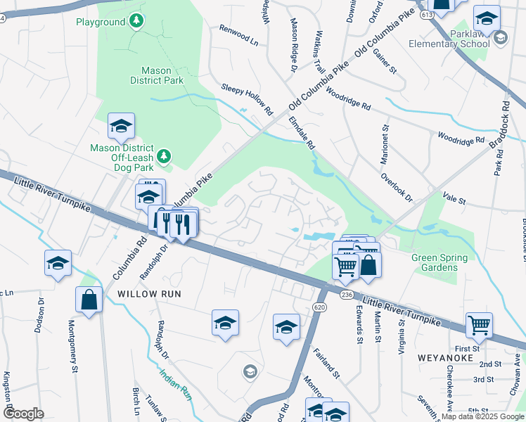 map of restaurants, bars, coffee shops, grocery stores, and more near 4523 Saucon Valley Court in Alexandria