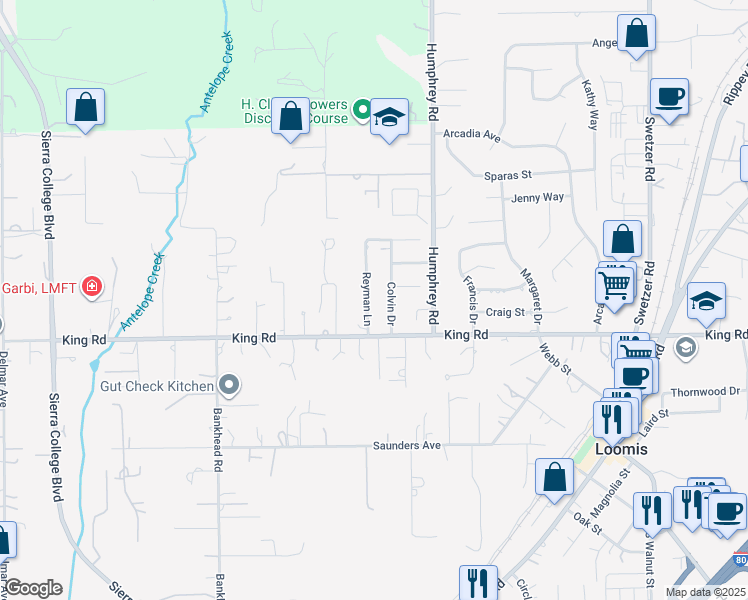 map of restaurants, bars, coffee shops, grocery stores, and more near 3466 Colvin Drive in Loomis