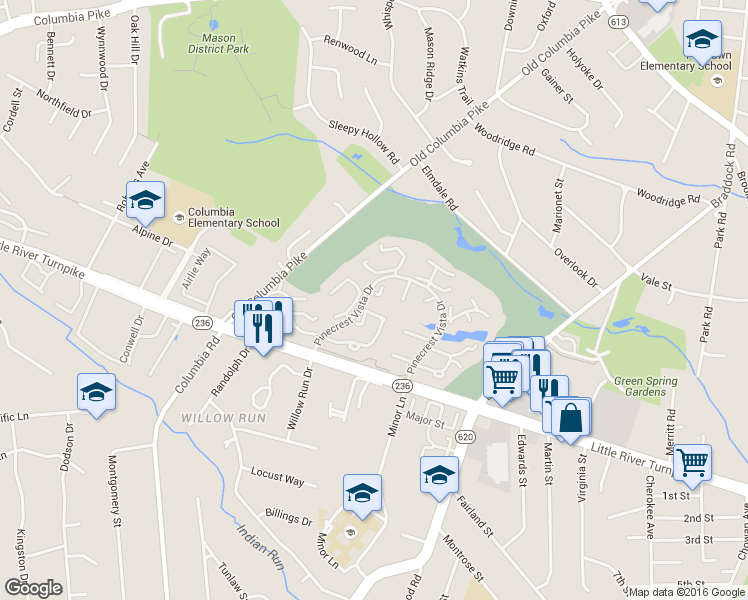map of restaurants, bars, coffee shops, grocery stores, and more near 4535 Saucon Valley Court in Alexandria