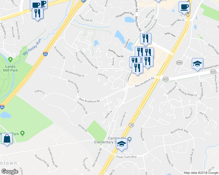 map of restaurants, bars, coffee shops, grocery stores, and more near 6508 Haversack Road in Centreville