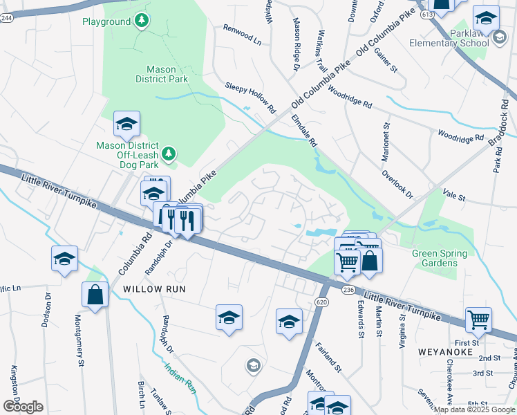 map of restaurants, bars, coffee shops, grocery stores, and more near 4535 Saucon Valley Court in Alexandria