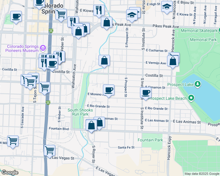 map of restaurants, bars, coffee shops, grocery stores, and more near 503 South El Paso Street in Colorado Springs