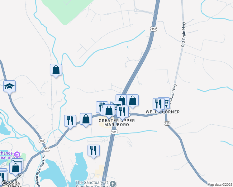 map of restaurants, bars, coffee shops, grocery stores, and more near 15507 Peerless Avenue in Upper Marlboro