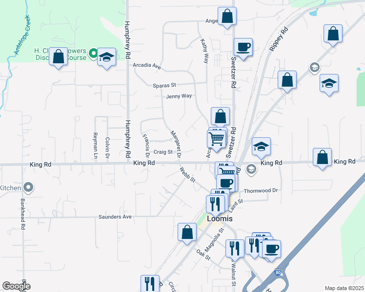 map of restaurants, bars, coffee shops, grocery stores, and more near 3473 Margaret Drive in Loomis