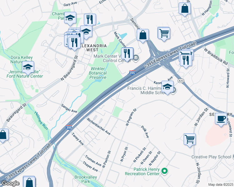map of restaurants, bars, coffee shops, grocery stores, and more near 1413A North Van Dorn Street in Alexandria