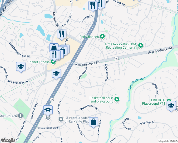 map of restaurants, bars, coffee shops, grocery stores, and more near 14092 Winding Ridge Lane in Centreville
