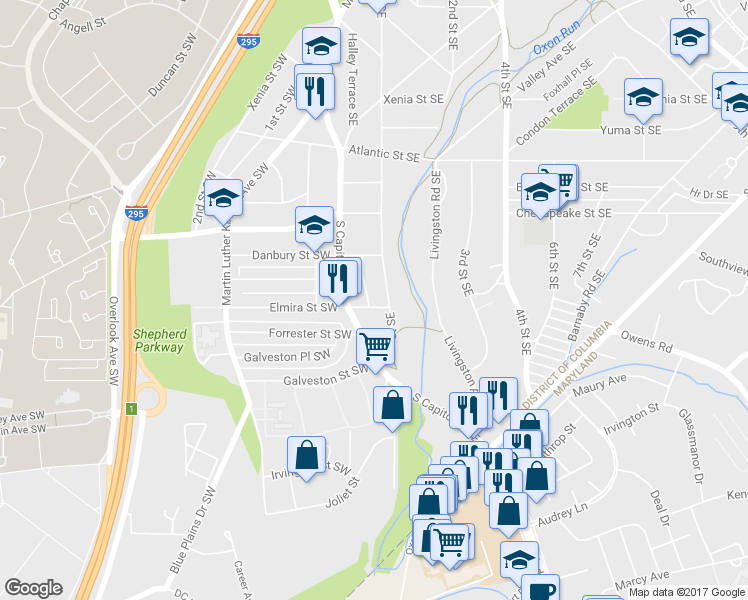 map of restaurants, bars, coffee shops, grocery stores, and more near 4401-4491 1st Street Southeast in Washington