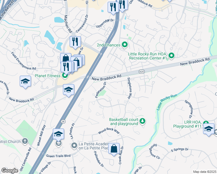 map of restaurants, bars, coffee shops, grocery stores, and more near 14092 Winding Ridge Lane in Centreville