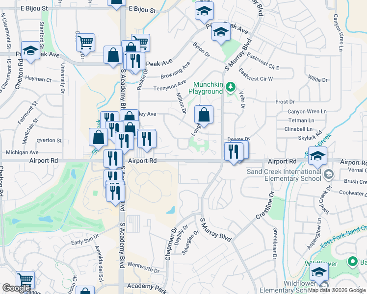 map of restaurants, bars, coffee shops, grocery stores, and more near 328 Poe Place in Colorado Springs