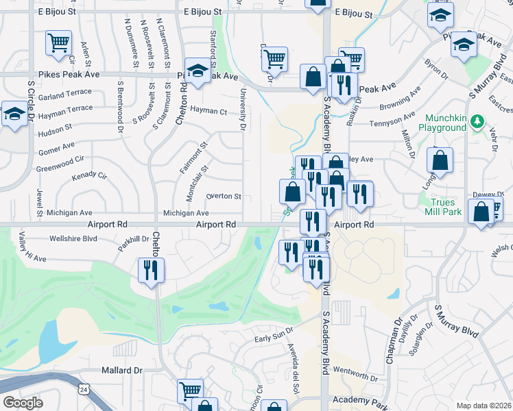 map of restaurants, bars, coffee shops, grocery stores, and more near 294 Audubon Drive in Colorado Springs