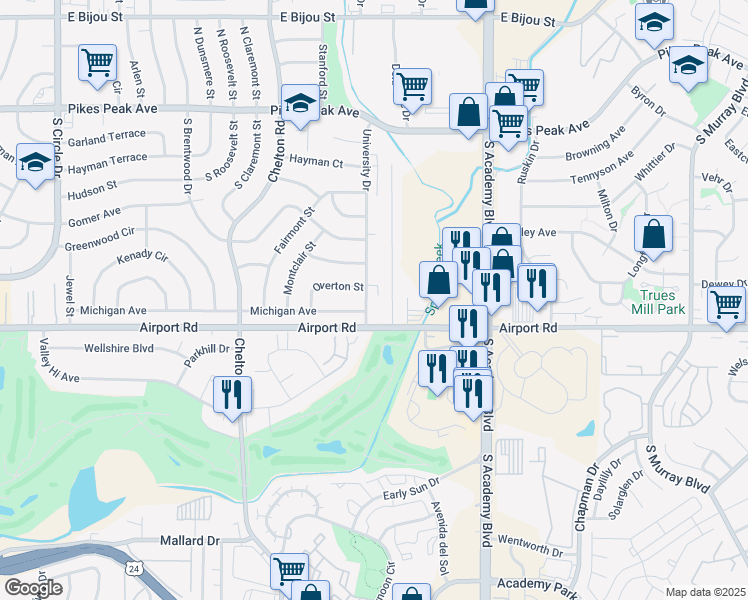 map of restaurants, bars, coffee shops, grocery stores, and more near 3684 Michigan Avenue in Colorado Springs