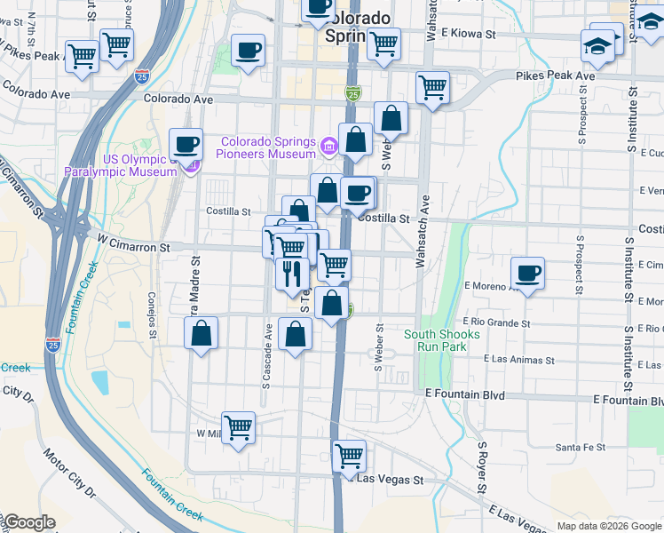 map of restaurants, bars, coffee shops, grocery stores, and more near 102 East Moreno Avenue in Colorado Springs