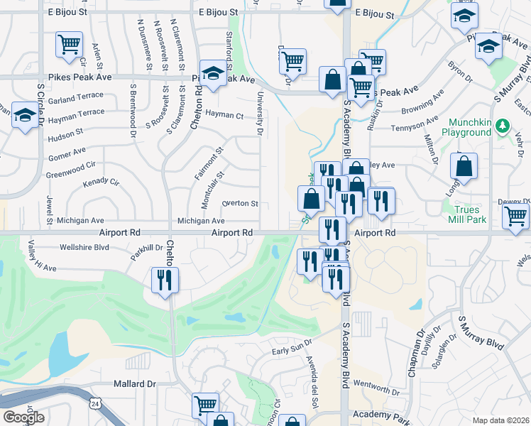 map of restaurants, bars, coffee shops, grocery stores, and more near 311 University Drive in Colorado Springs
