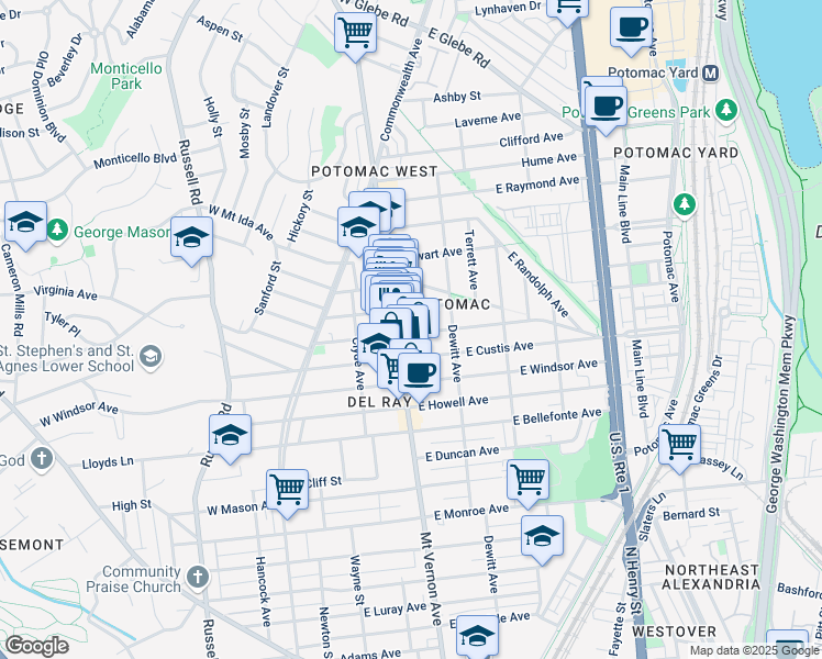 map of restaurants, bars, coffee shops, grocery stores, and more near 4 East Del Ray Avenue in Alexandria