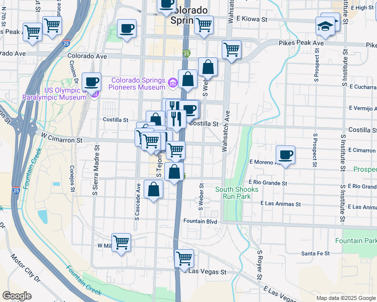 map of restaurants, bars, coffee shops, grocery stores, and more near 509 South Nevada Avenue in Colorado Springs