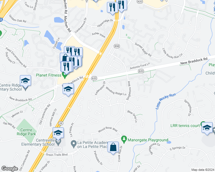 map of restaurants, bars, coffee shops, grocery stores, and more near 14094 Winding Ridge Lane in Centreville