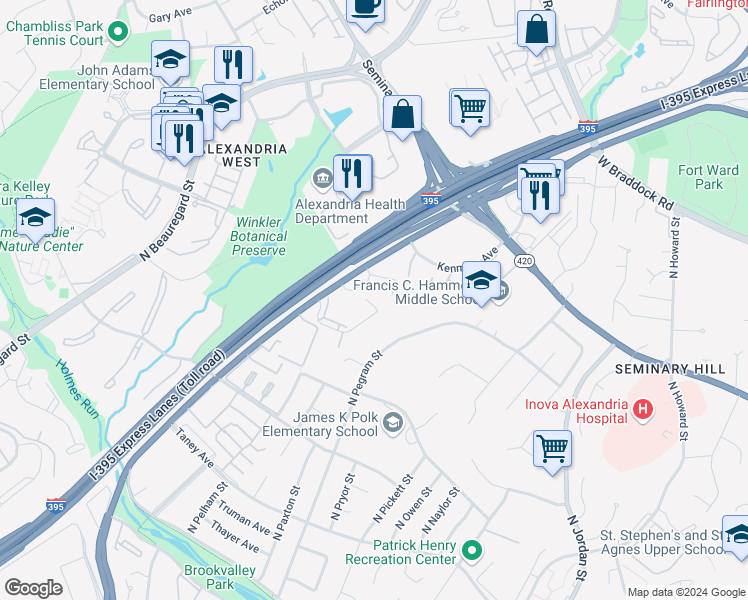 map of restaurants, bars, coffee shops, grocery stores, and more near 5130 Maris Avenue in Alexandria
