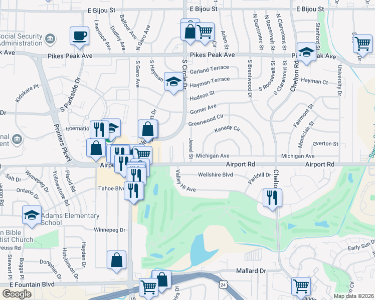 map of restaurants, bars, coffee shops, grocery stores, and more near 341 Jewel Street in Colorado Springs