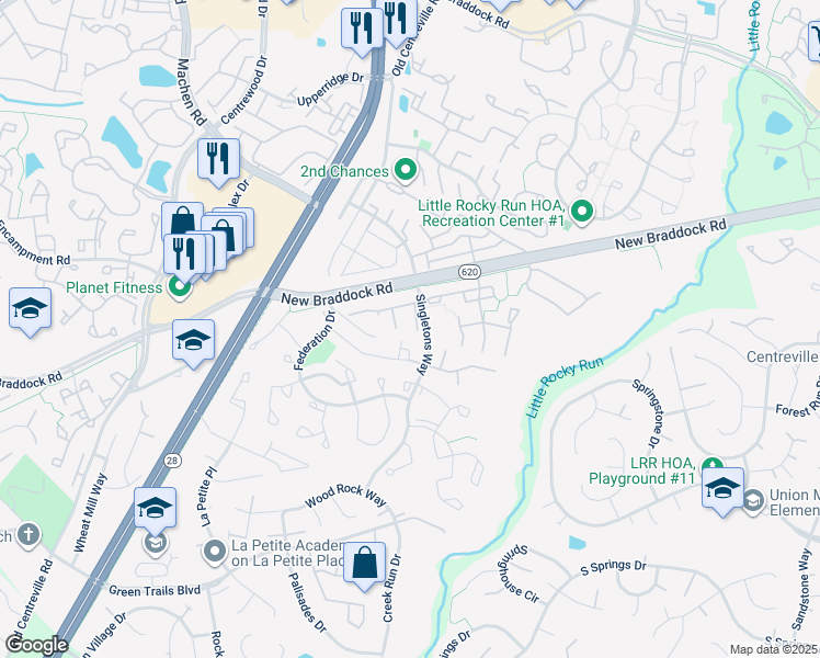 map of restaurants, bars, coffee shops, grocery stores, and more near 14005 Grumble Jones Court in Centreville