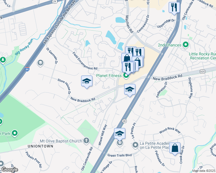 map of restaurants, bars, coffee shops, grocery stores, and more near 13920 Lee Highway in Centreville