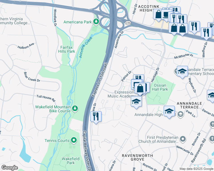map of restaurants, bars, coffee shops, grocery stores, and more near 7905 Dassett Court in Annandale