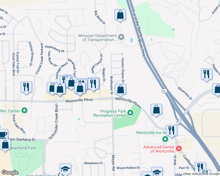 map of restaurants, bars, coffee shops, grocery stores, and more near 1203 Bridlespur Drive in Wentzville