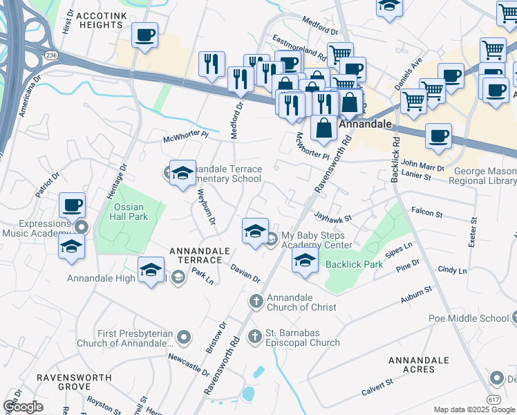 map of restaurants, bars, coffee shops, grocery stores, and more near 7468 Zanuck Court in Annandale