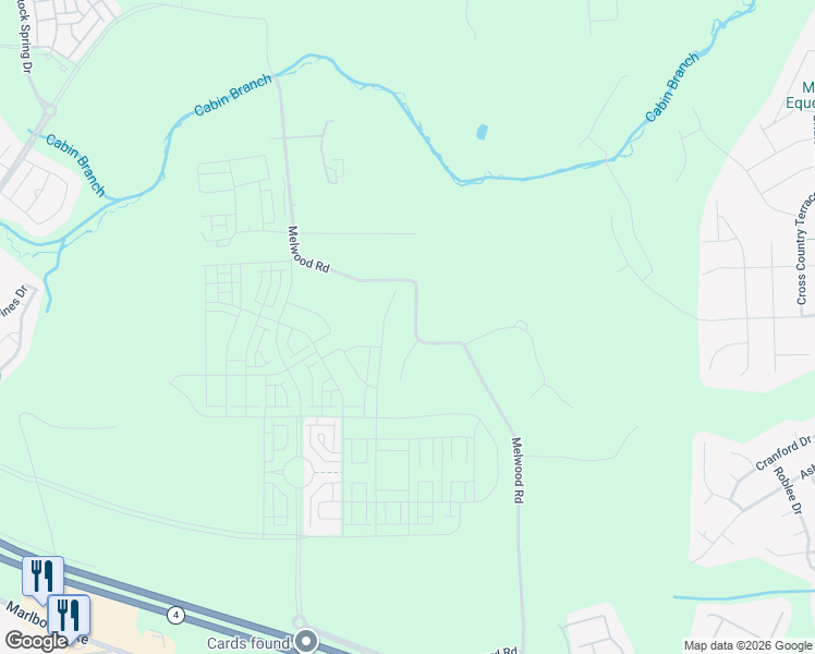 map of restaurants, bars, coffee shops, grocery stores, and more near 4601 Melwood Road in Upper Marlboro