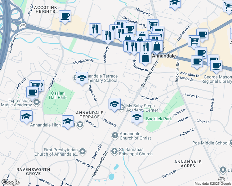map of restaurants, bars, coffee shops, grocery stores, and more near 7468 Zanuck Court in Annandale